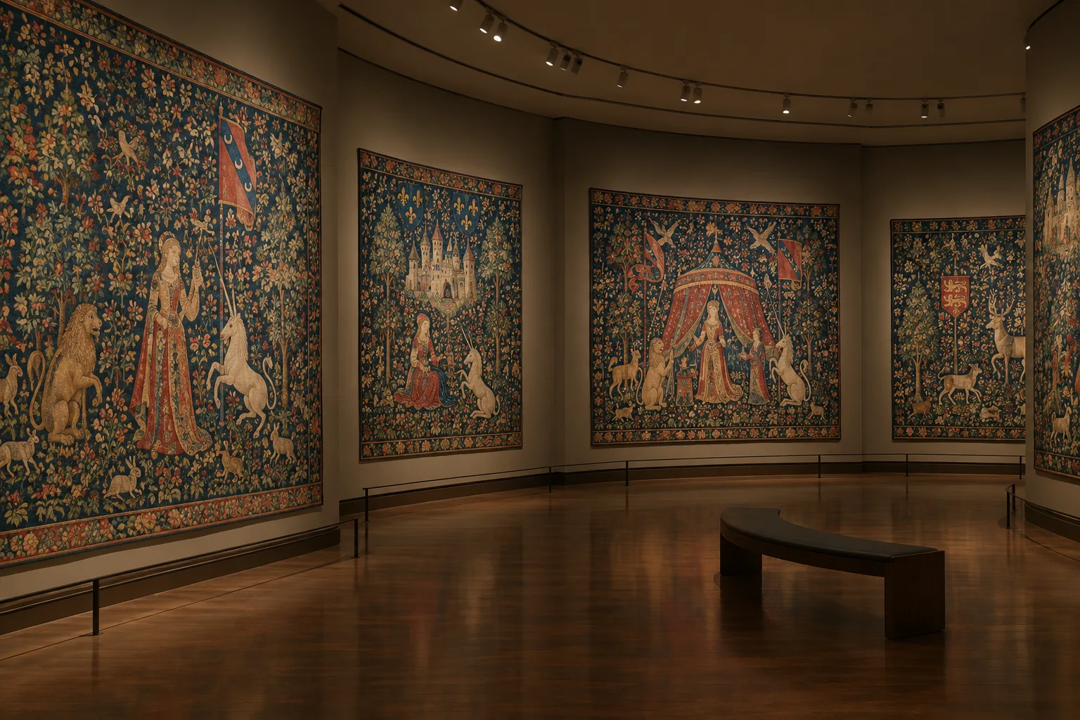 Des tapisseries médiévales aux motifs de fleurs et d’animaux présentées dans une salle de musée.