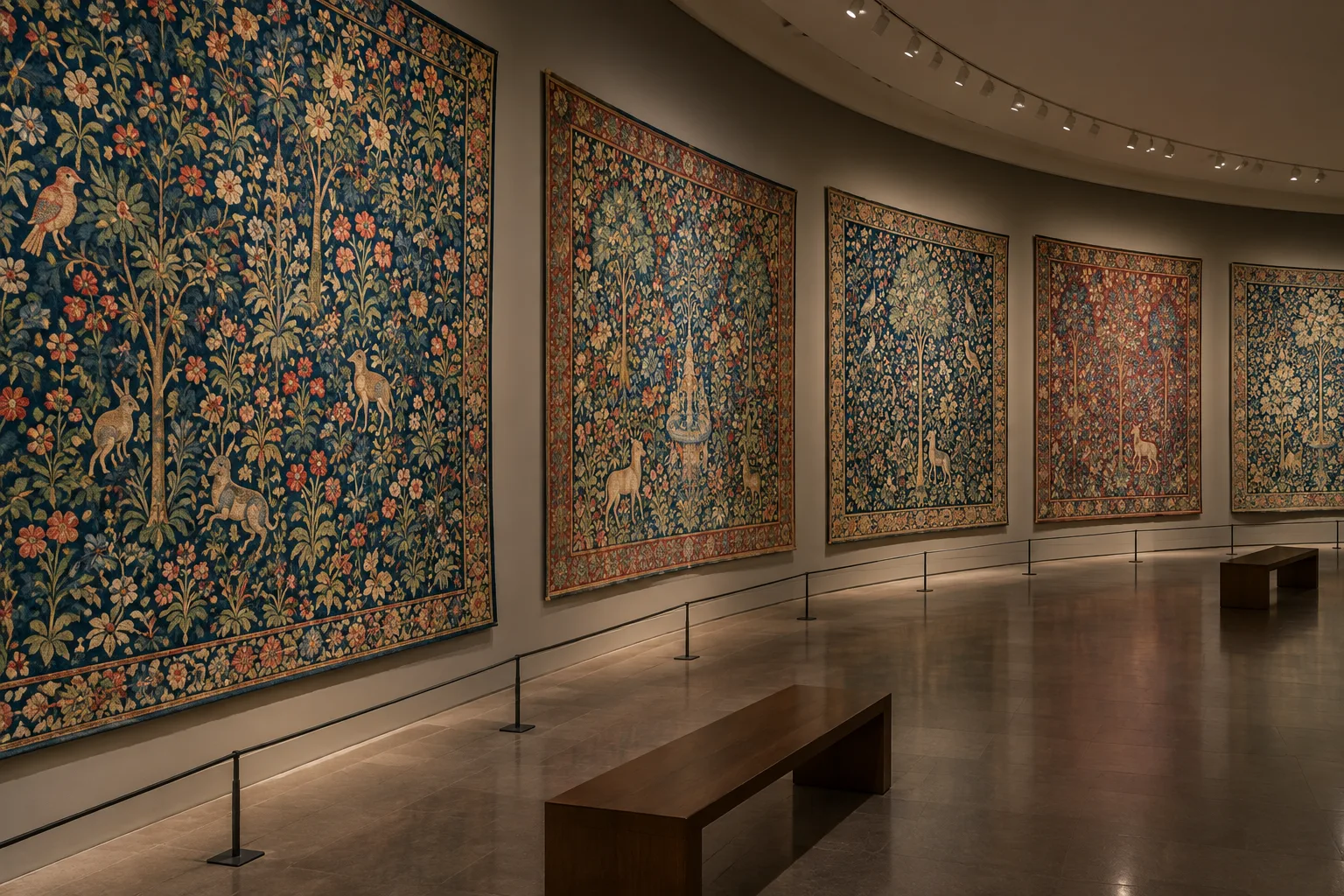 Des tapisseries médiévales aux motifs floraux présentées dans une salle de musée.