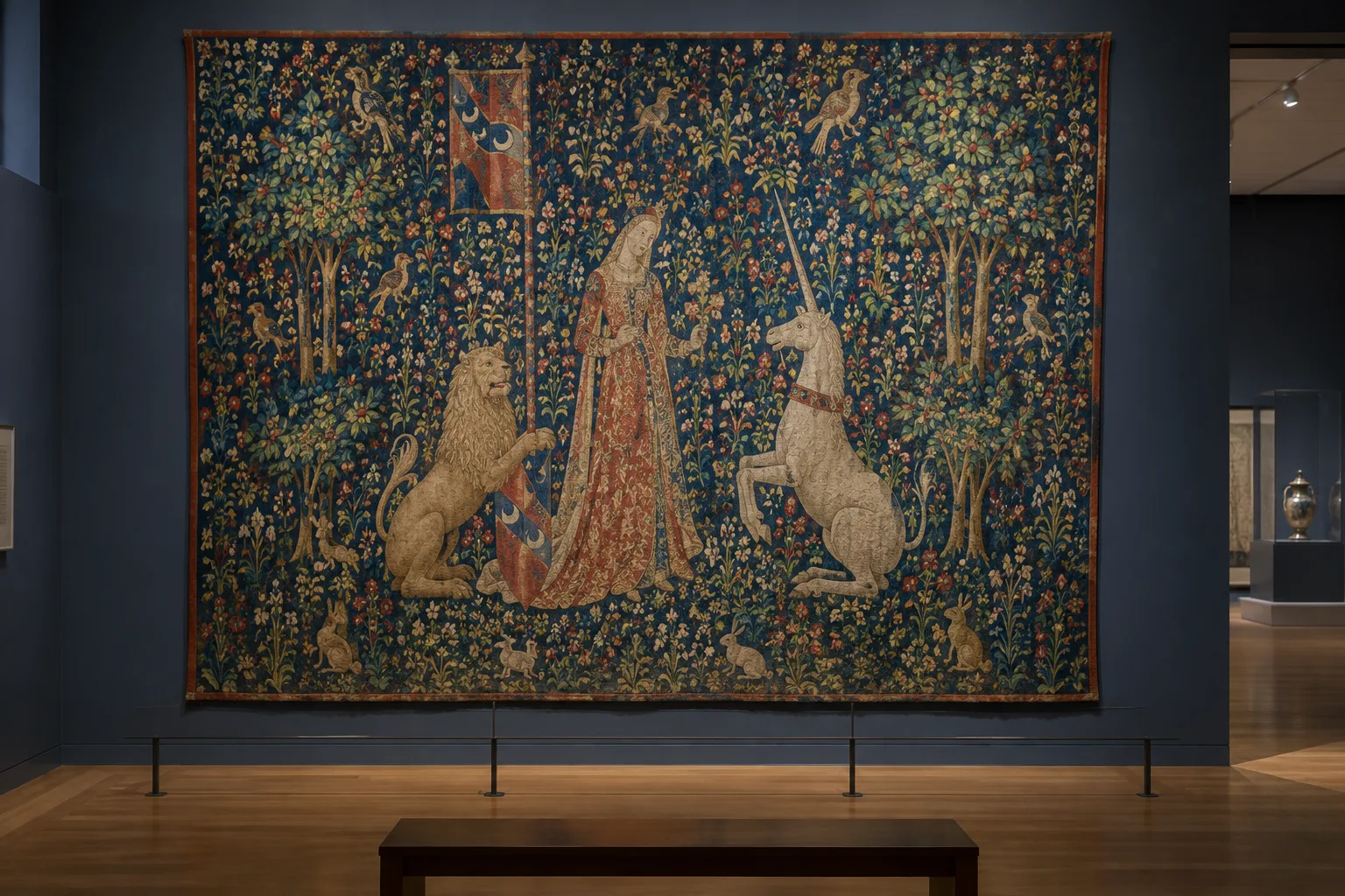 Détail d’une tapisserie médiévale aux motifs de fleurs et d’animaux, exposée dans une salle de musée.