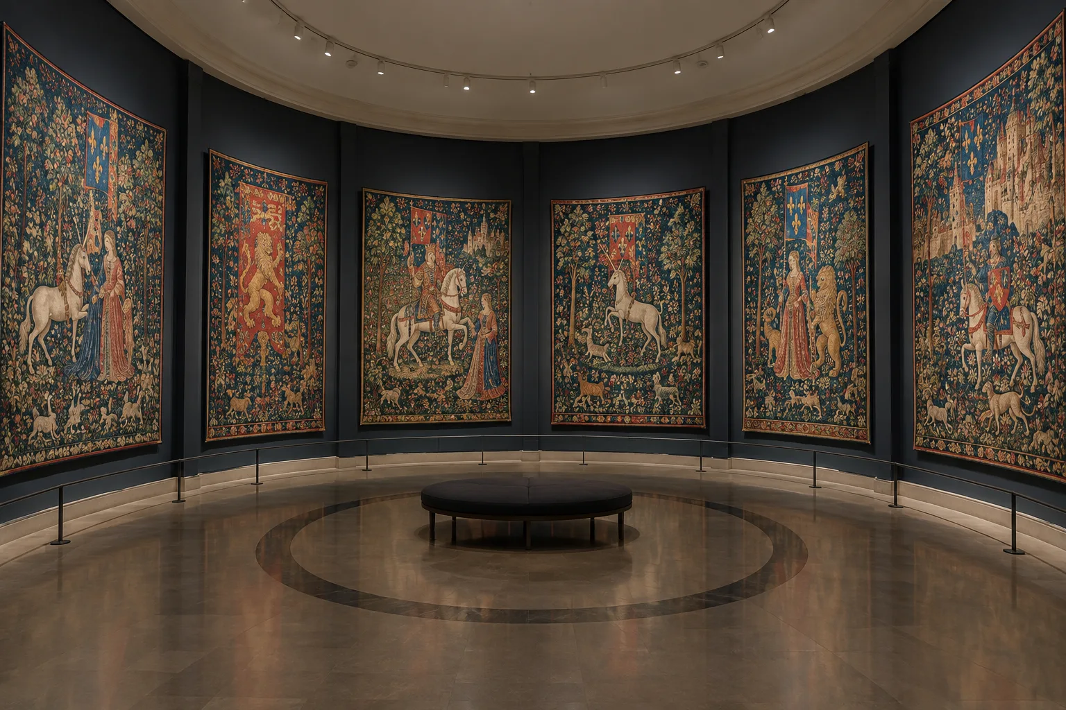 Les tapisseries de La Dame à la licorne présentées autour d’une salle du musée de Cluny.