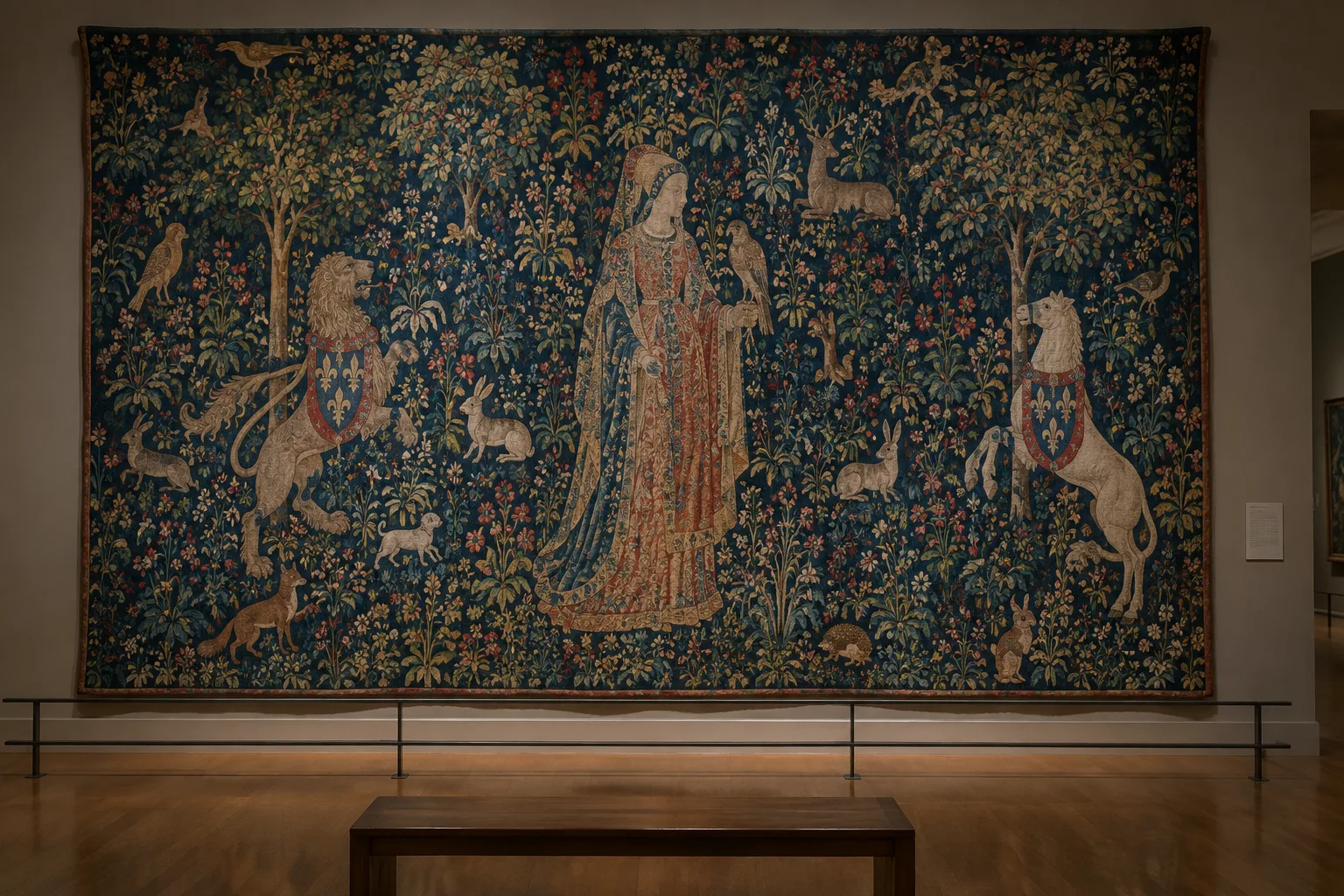 Détail d’une tapisserie médiévale où une figure se détache parmi des fleurs et des animaux.