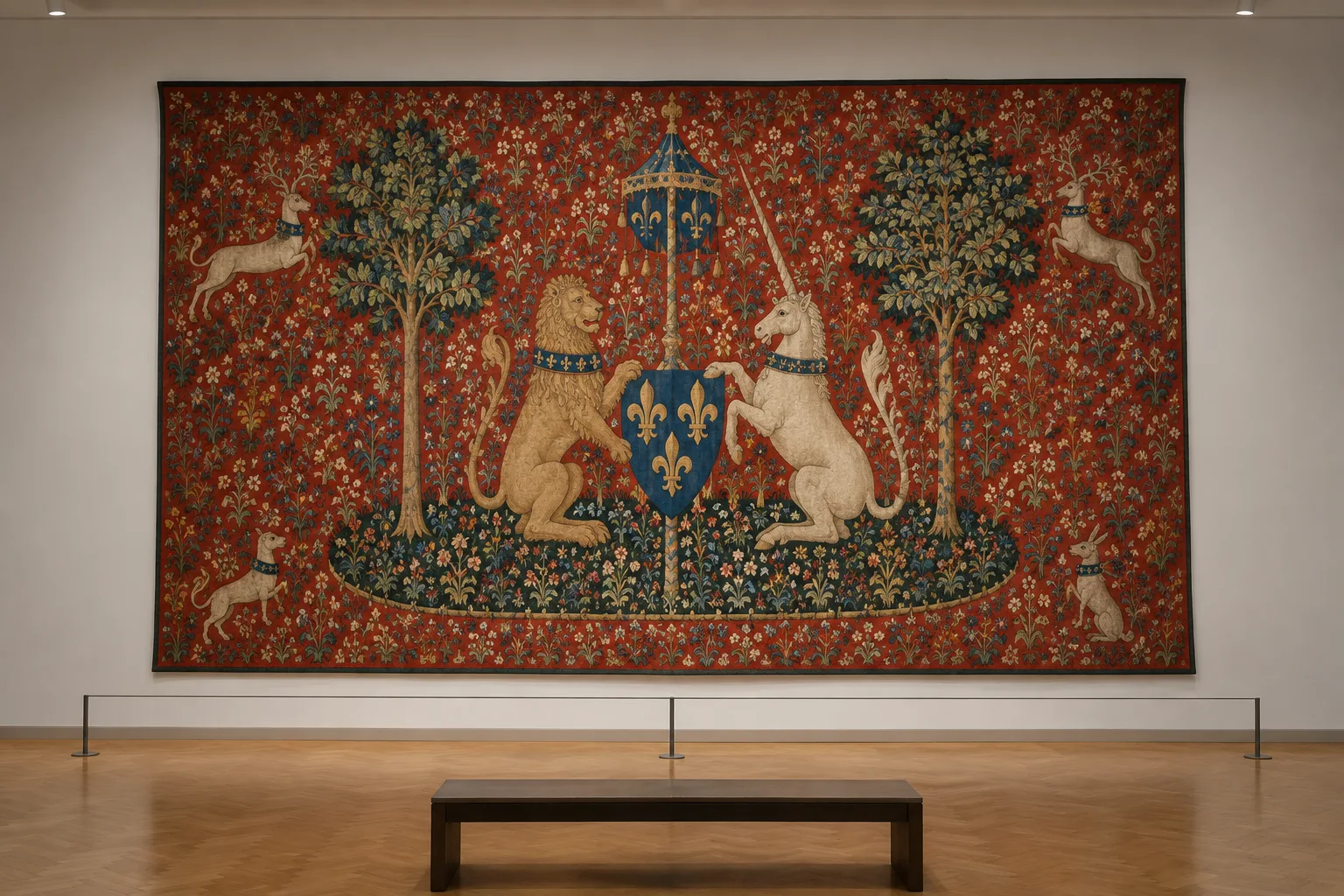 Une tapisserie médiévale aux motifs de fleurs et d’animaux exposée dans une salle de musée.