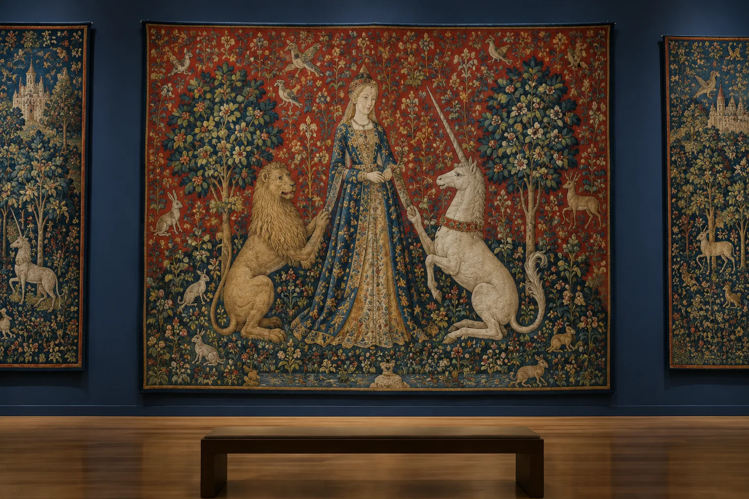 Une tapisserie médiévale aux couleurs vives, ornée de fleurs, d’animaux et de figures héraldiques.