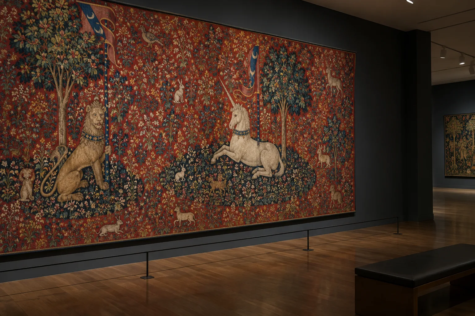 Détail d’une tapisserie médiévale à décor millefleurs exposée dans une salle de musée.