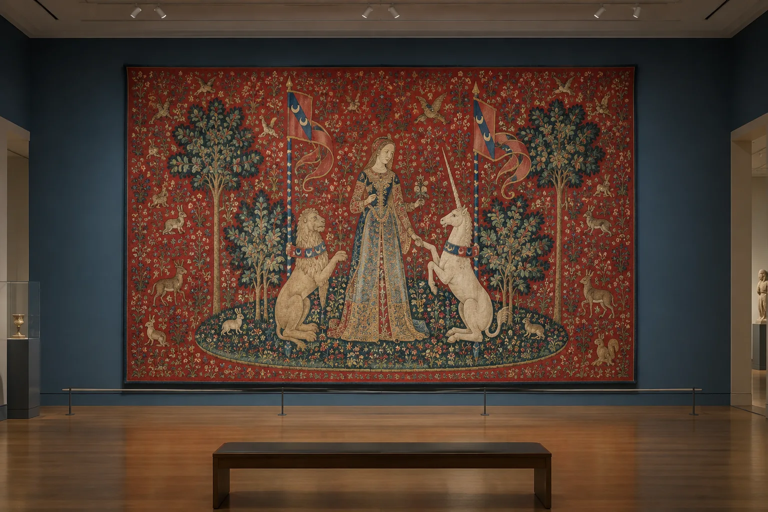 Tapisserie médiévale à fond rouge, peuplée de fleurs et de petits animaux autour d’une dame, d’un lion et d’une licorne.