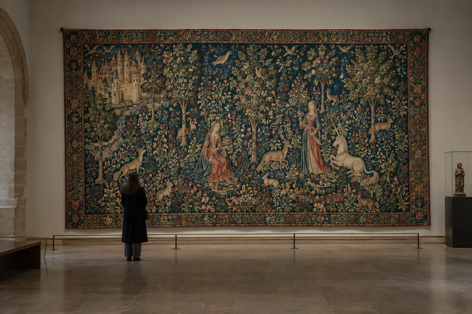 Une tapisserie médiévale aux motifs de fleurs et d’animaux exposée dans une salle de musée.