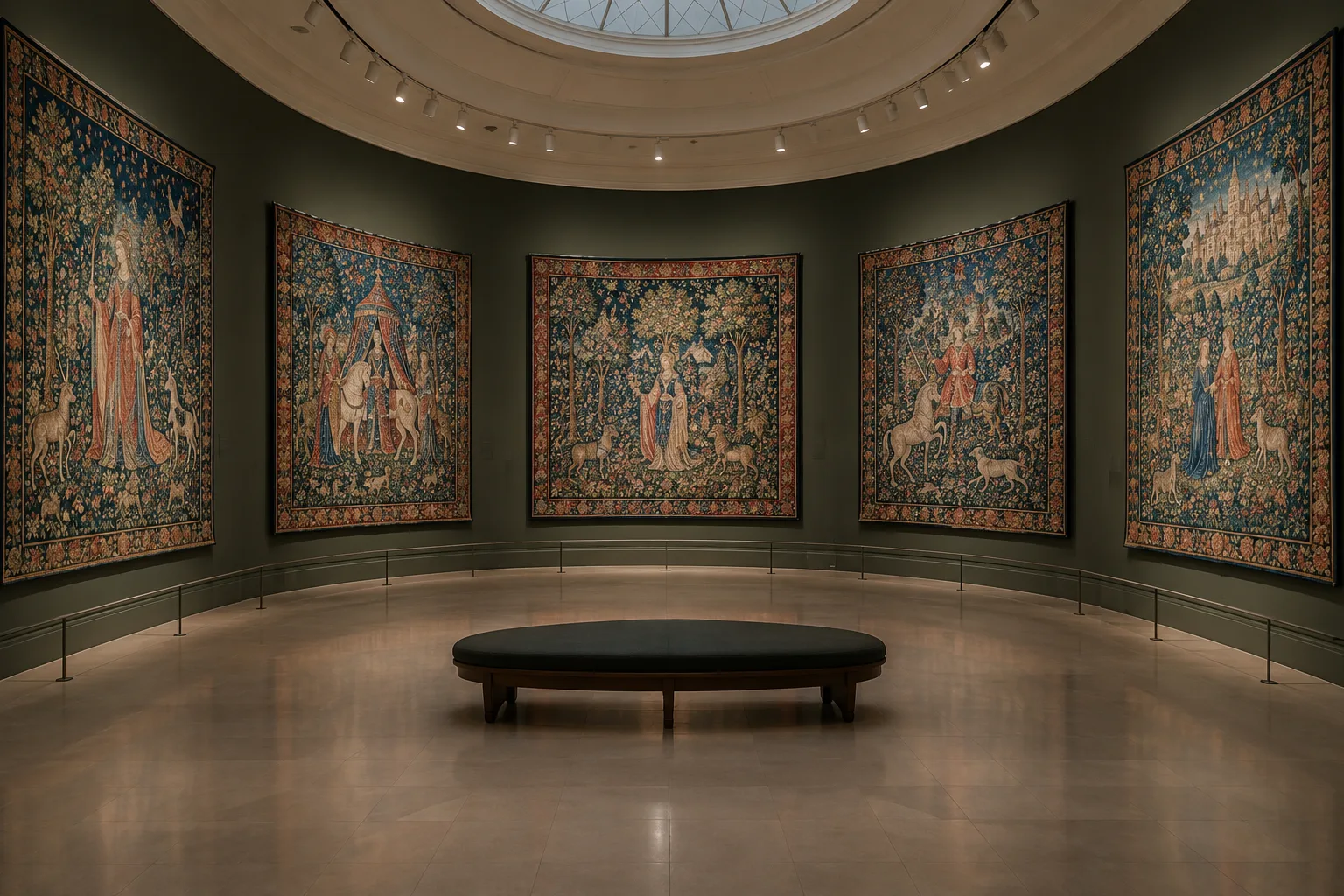Détail d’une tapisserie médiévale où une dame et des animaux se détachent sur un fond de fleurs.