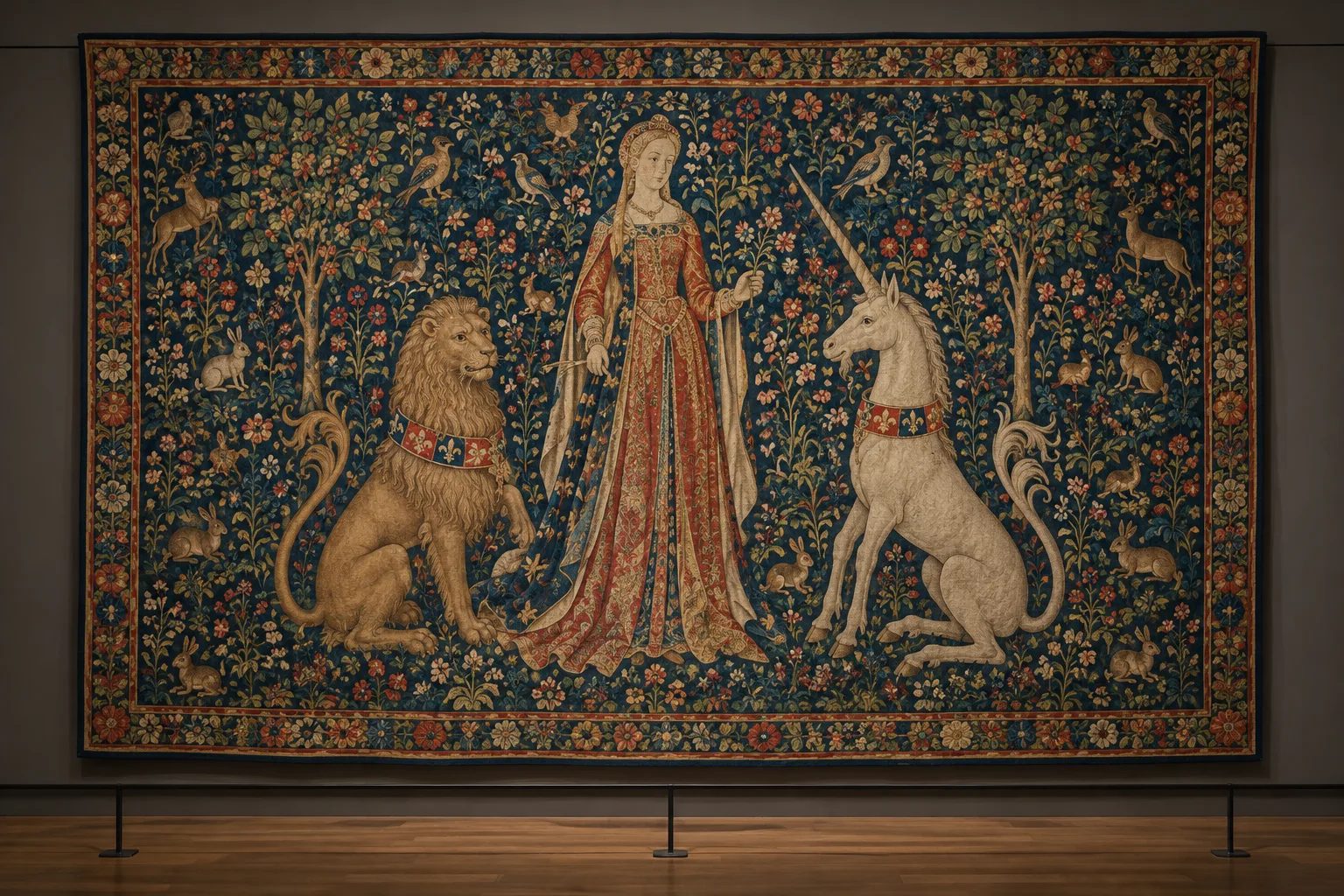 Détail d’une tapisserie médiévale à fond fleuri, avec une dame, une licorne et un lion.