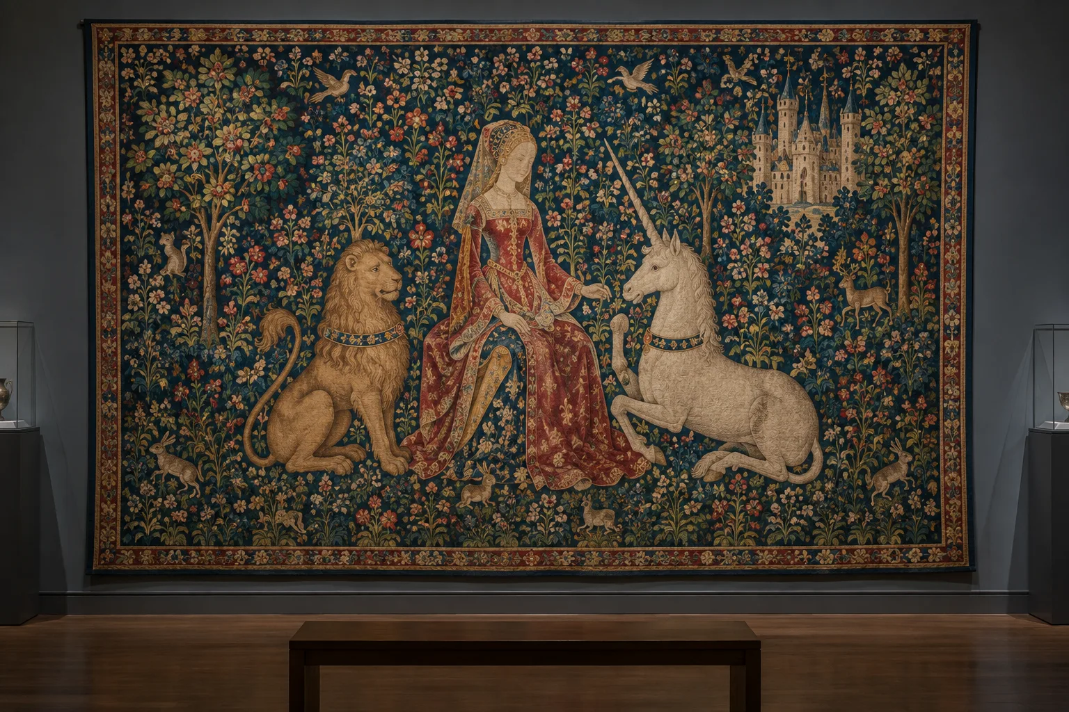 Tapisserie médiévale à décor de millefleurs, avec une dame entre un lion et une licorne.