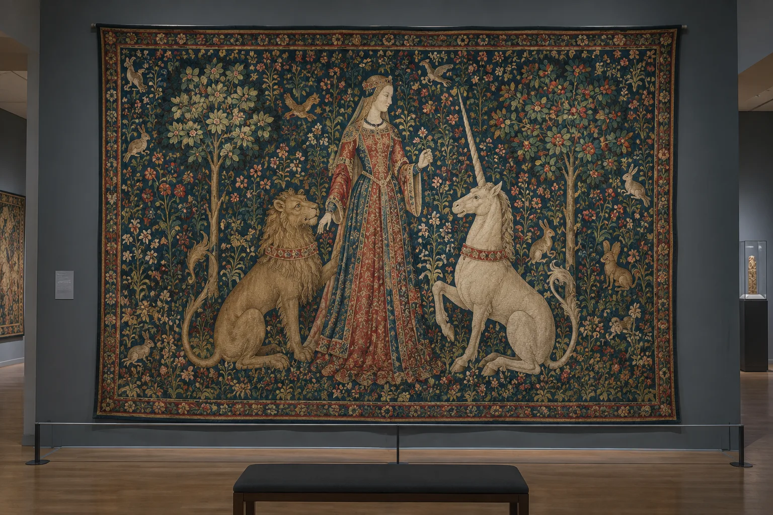 Détail d’une tapisserie médiévale aux motifs fleuris, avec des animaux autour d’une figure centrale.