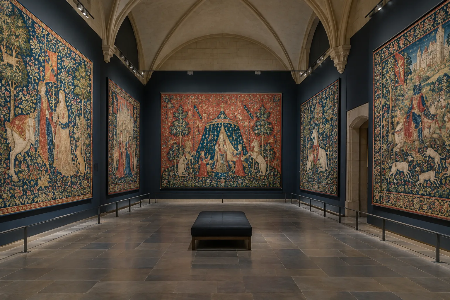 Les tapisseries médiévales de La Dame à la licorne présentées dans une salle du musée.
