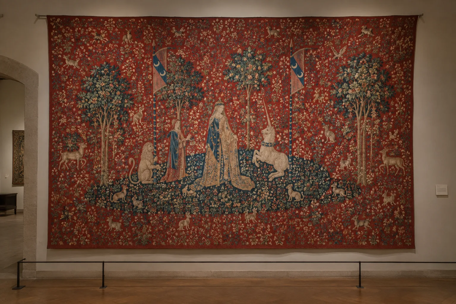 Détail d’une tapisserie médiévale aux fleurs serrées et aux petits animaux sur fond rouge.