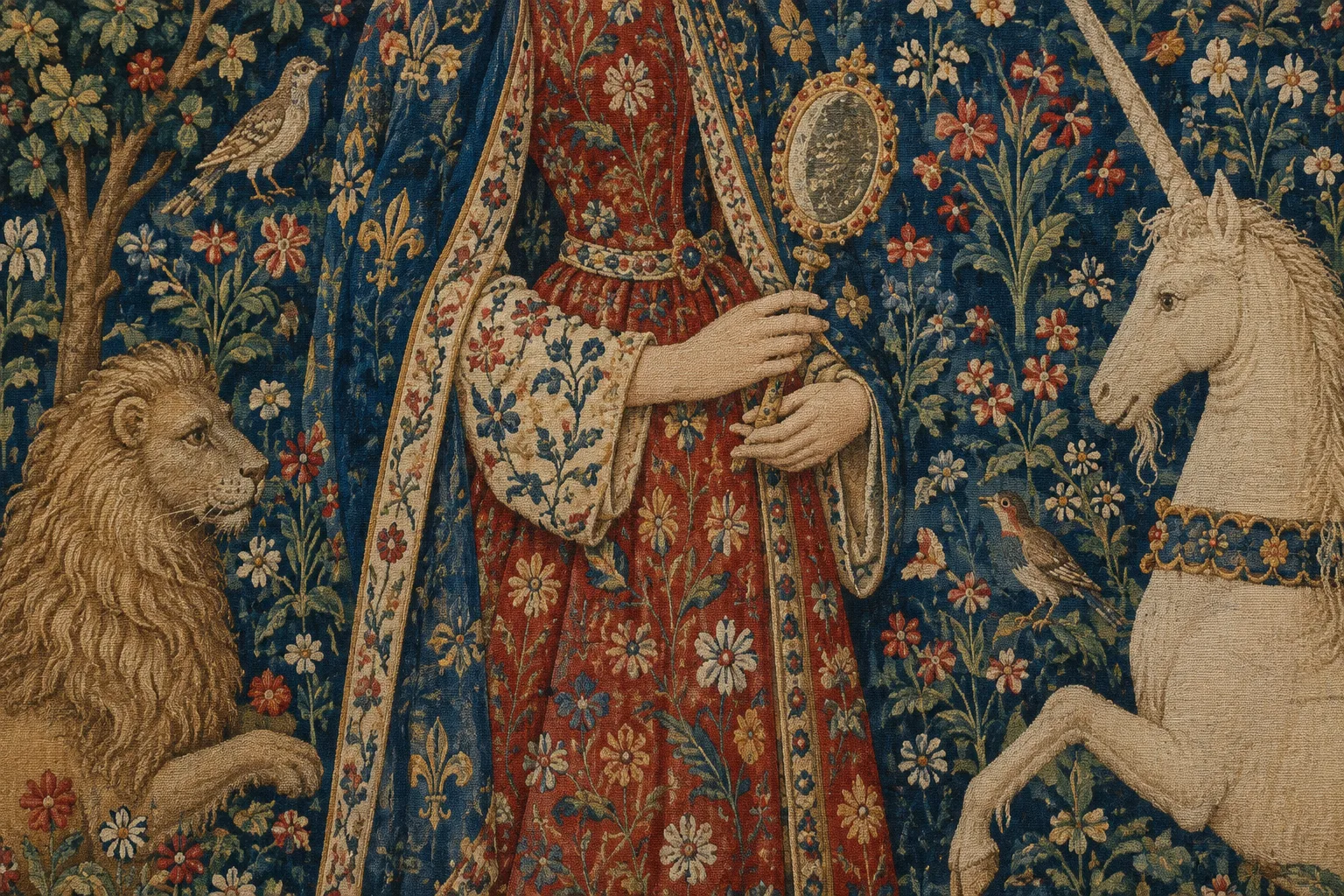 Détail d’une tapisserie médiévale : des mains tiennent un miroir parmi des fleurs et des animaux.