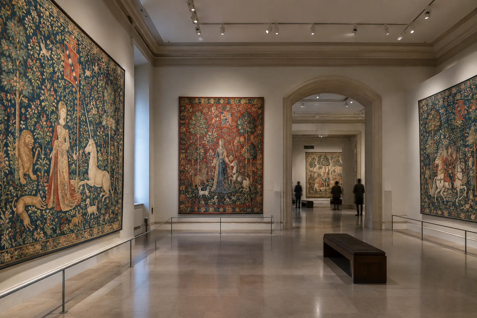 Les tapisseries de La Dame à la licorne exposées dans une salle du musée de Cluny.