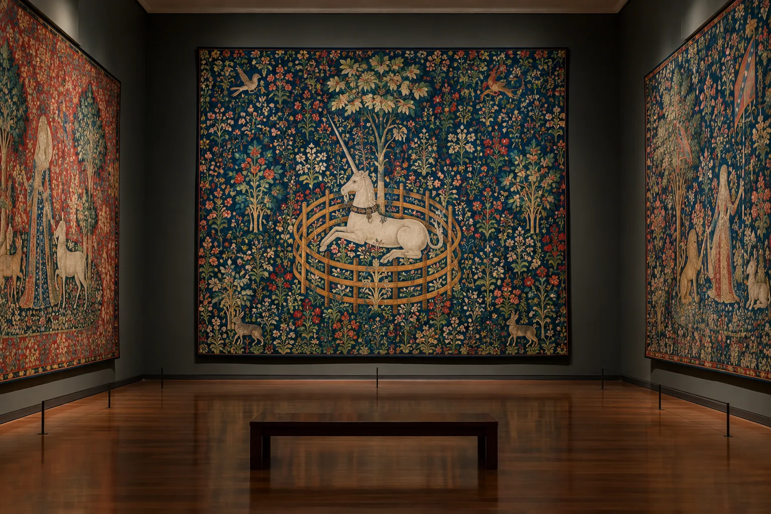 Tapisserie médiévale aux motifs floraux et à la figure d’une licorne dans une salle de musée.