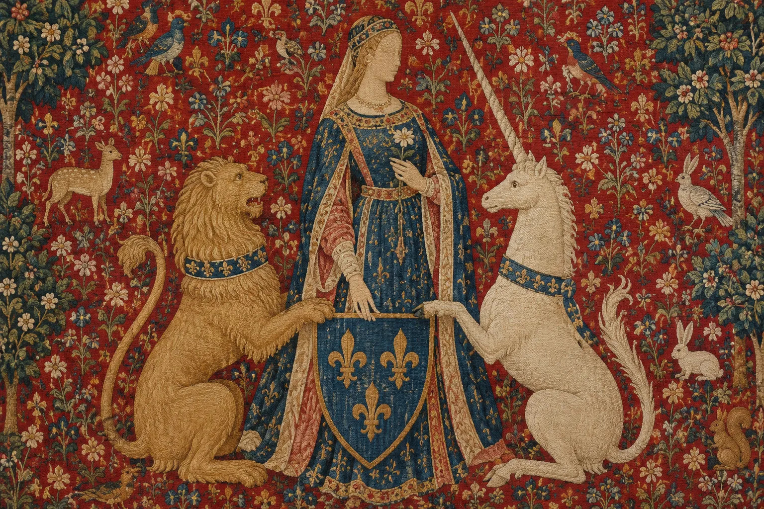 Une tapisserie médiévale montre une figure centrale entourée d’un lion et d’une licorne sur un fond fleuri.