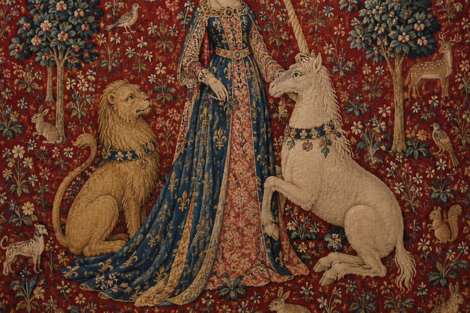 Détail d’une tapisserie médiévale montrant une dame près d’une licorne, parmi des plantes et de petits animaux.
