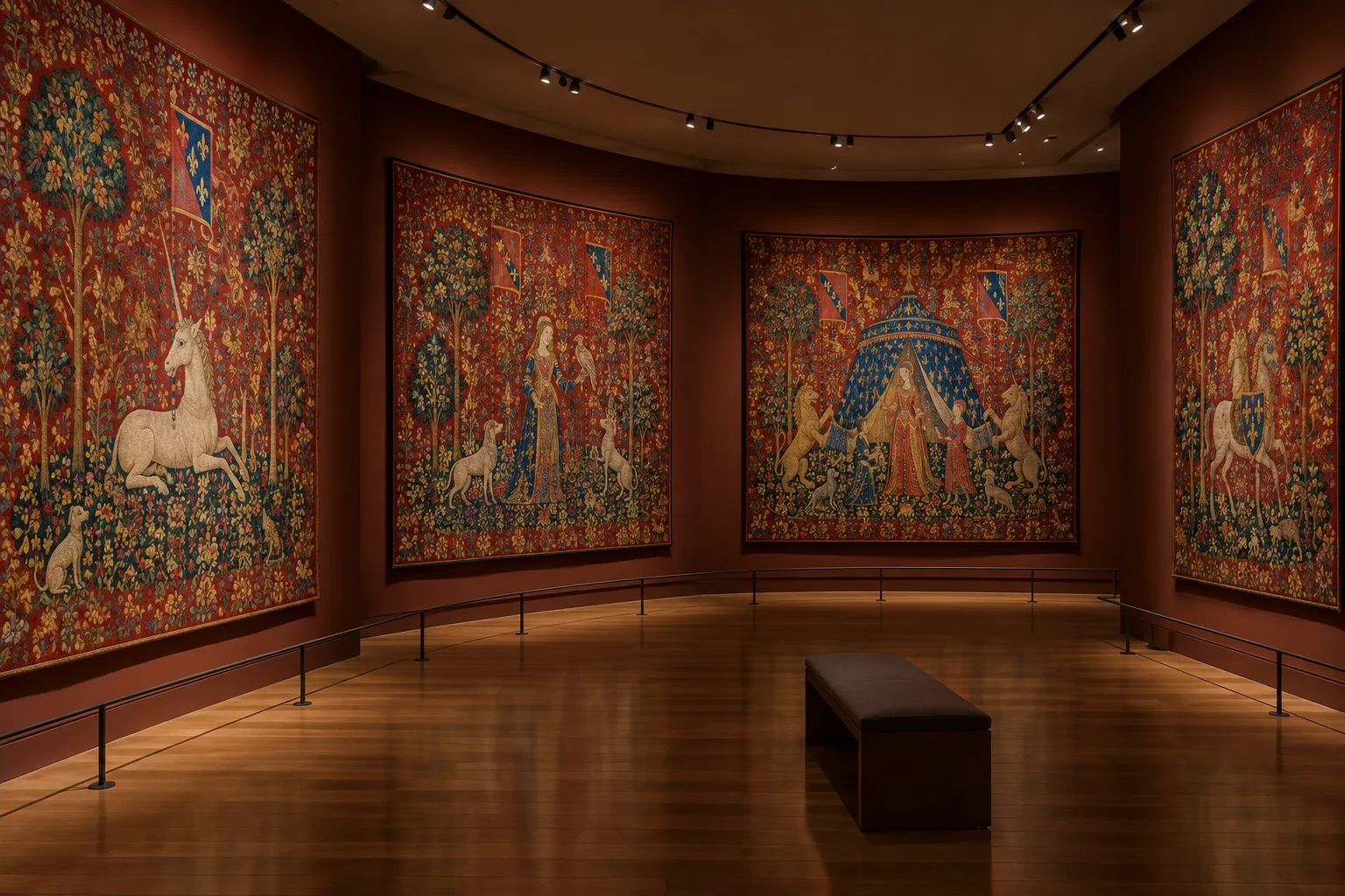 Tapisseries médiévales accrochées ensemble dans une salle de musée à l’éclairage doux.