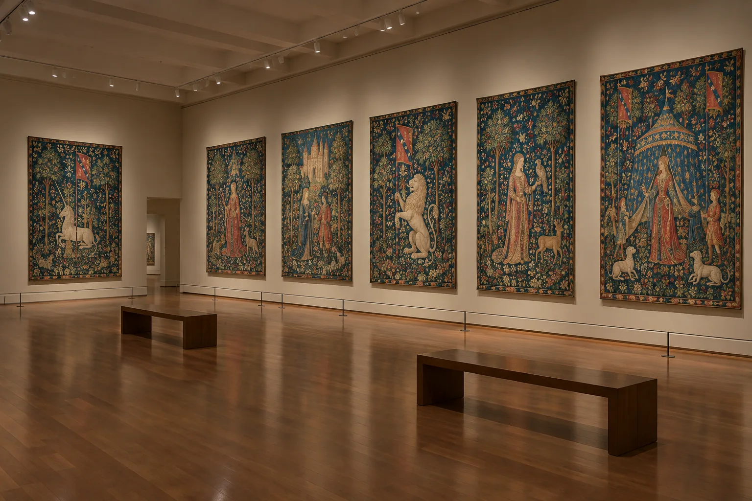 Les tapisseries de La Dame à la licorne présentées ensemble dans une salle du musée.