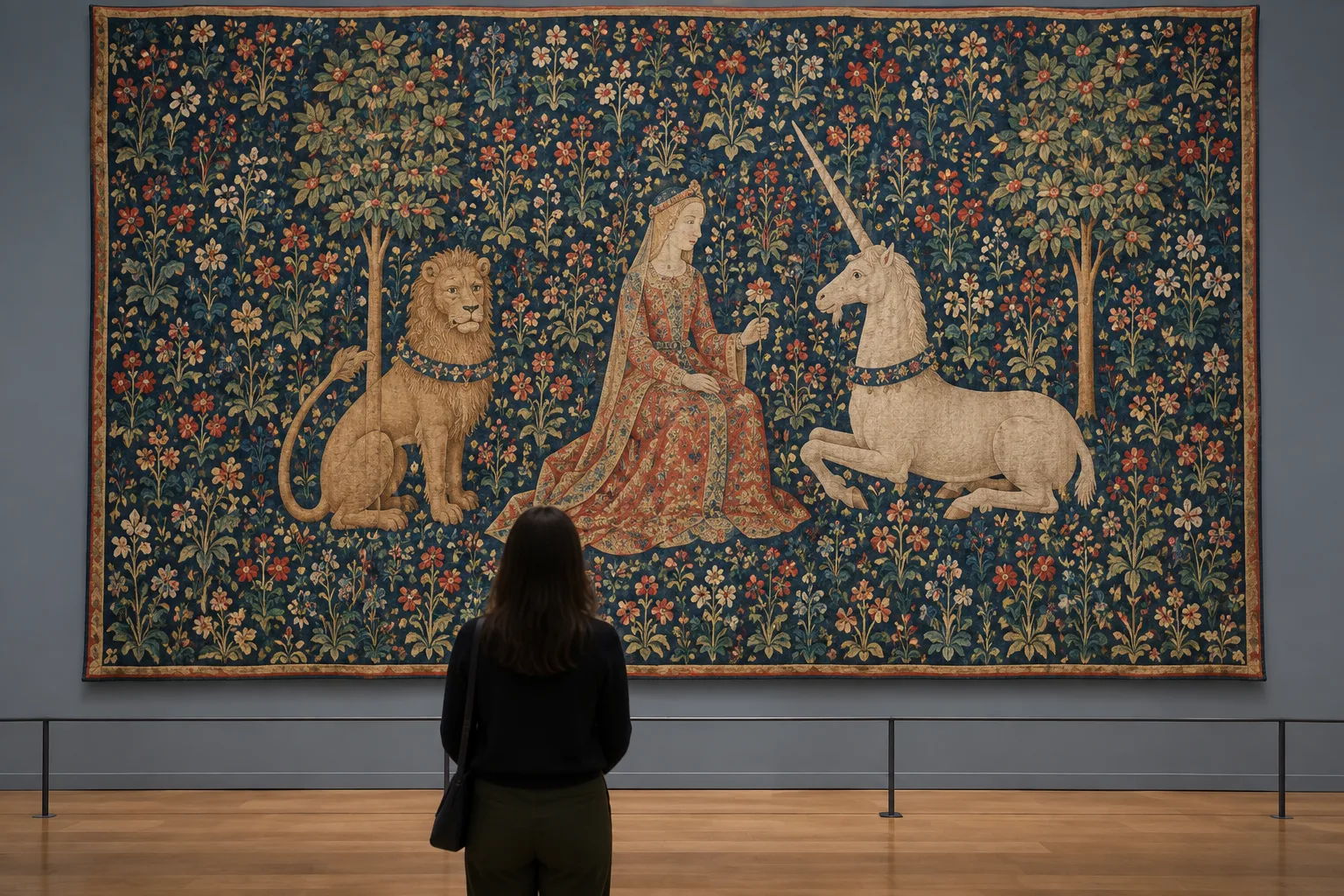 Un visiteur observe une tapisserie médiévale exposée dans une galerie de musée.