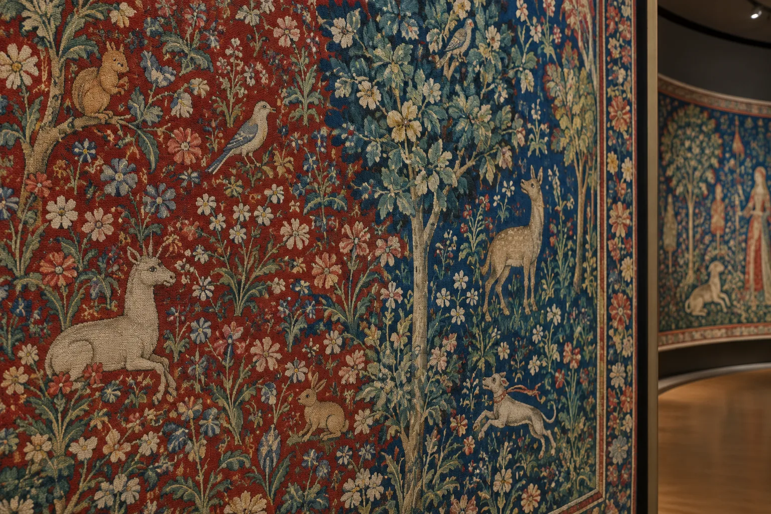 Détail d’une tapisserie médiévale où de petits animaux apparaissent parmi des fleurs tissées.