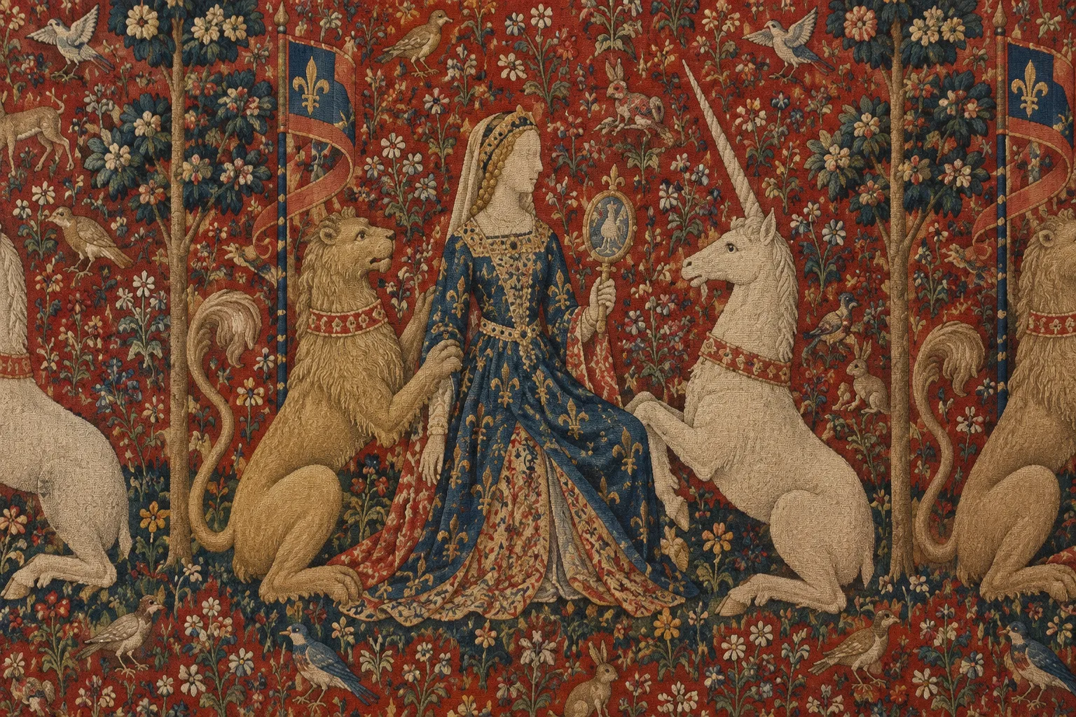 Détail d’une tapisserie où une dame tient un miroir devant une licorne, parmi des fleurs et de petits animaux.