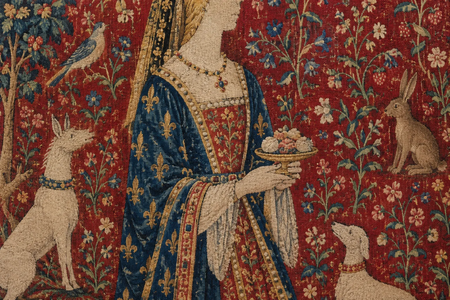 Détail d’une tapisserie où une dame tient un petit plat parmi des fleurs et des animaux.