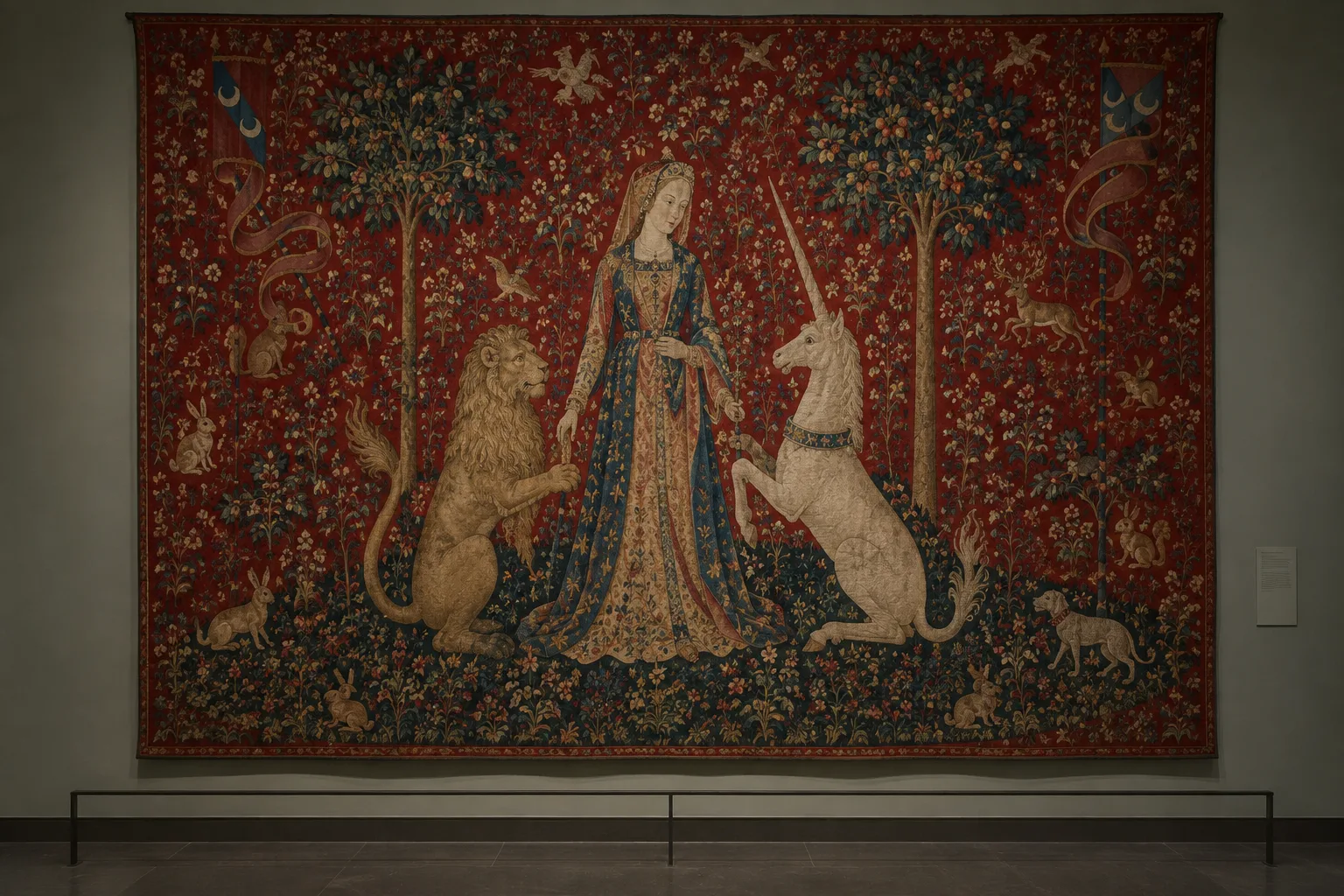 Une tapisserie à fond rouge présente une dame entourée d’un lion, d’une licorne et de petits motifs floraux.