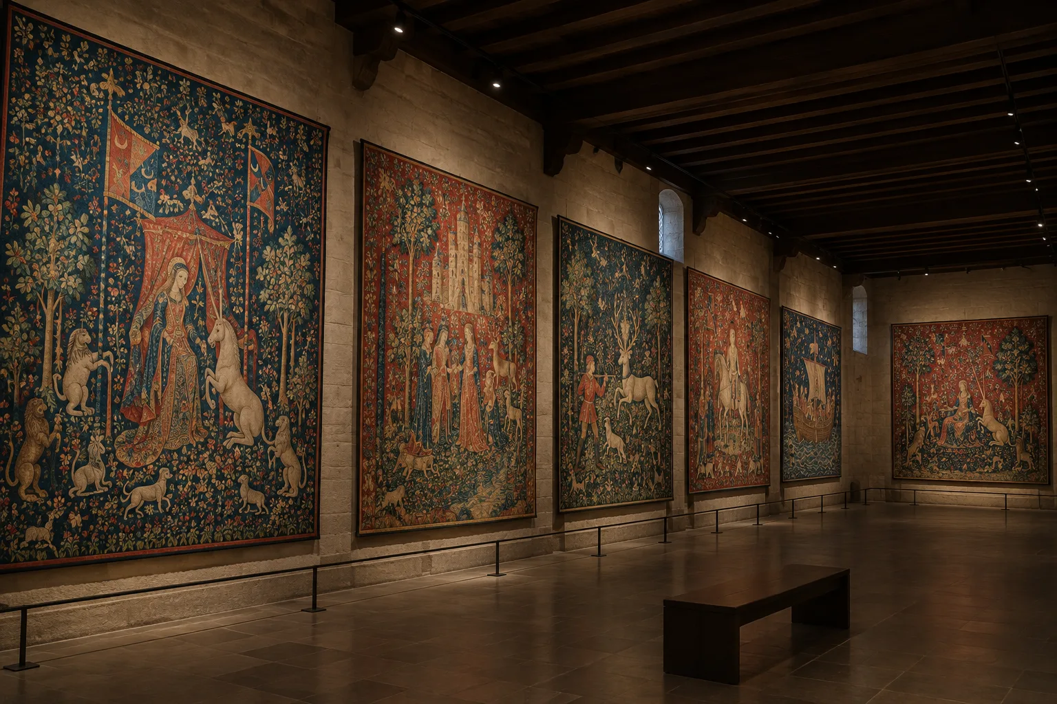 Une salle de musée présente plusieurs tapisseries médiévales aux motifs fleuris.