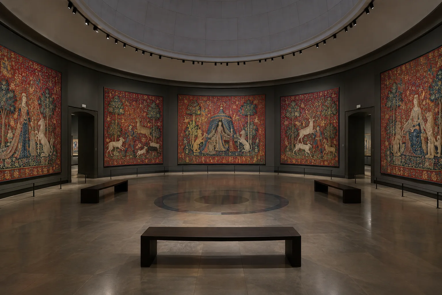 Vue d’une galerie circulaire où des tapisseries médiévales sont accrochées le long des murs.