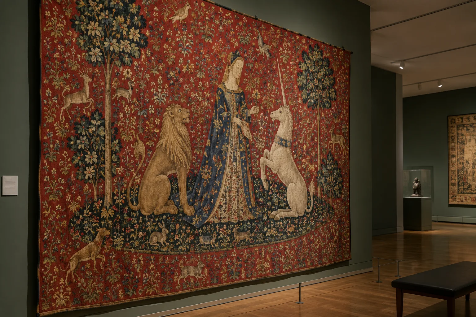 Tenture médiévale aux motifs floraux, montrant une dame entre un lion et une licorne.