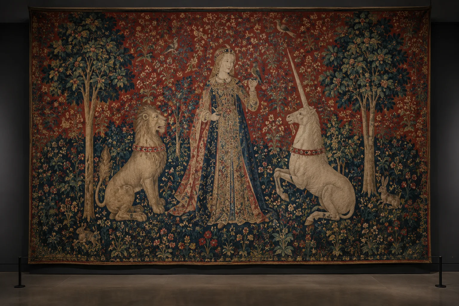 Une tapisserie médiévale aux motifs de millefleurs exposée dans une salle de musée.
