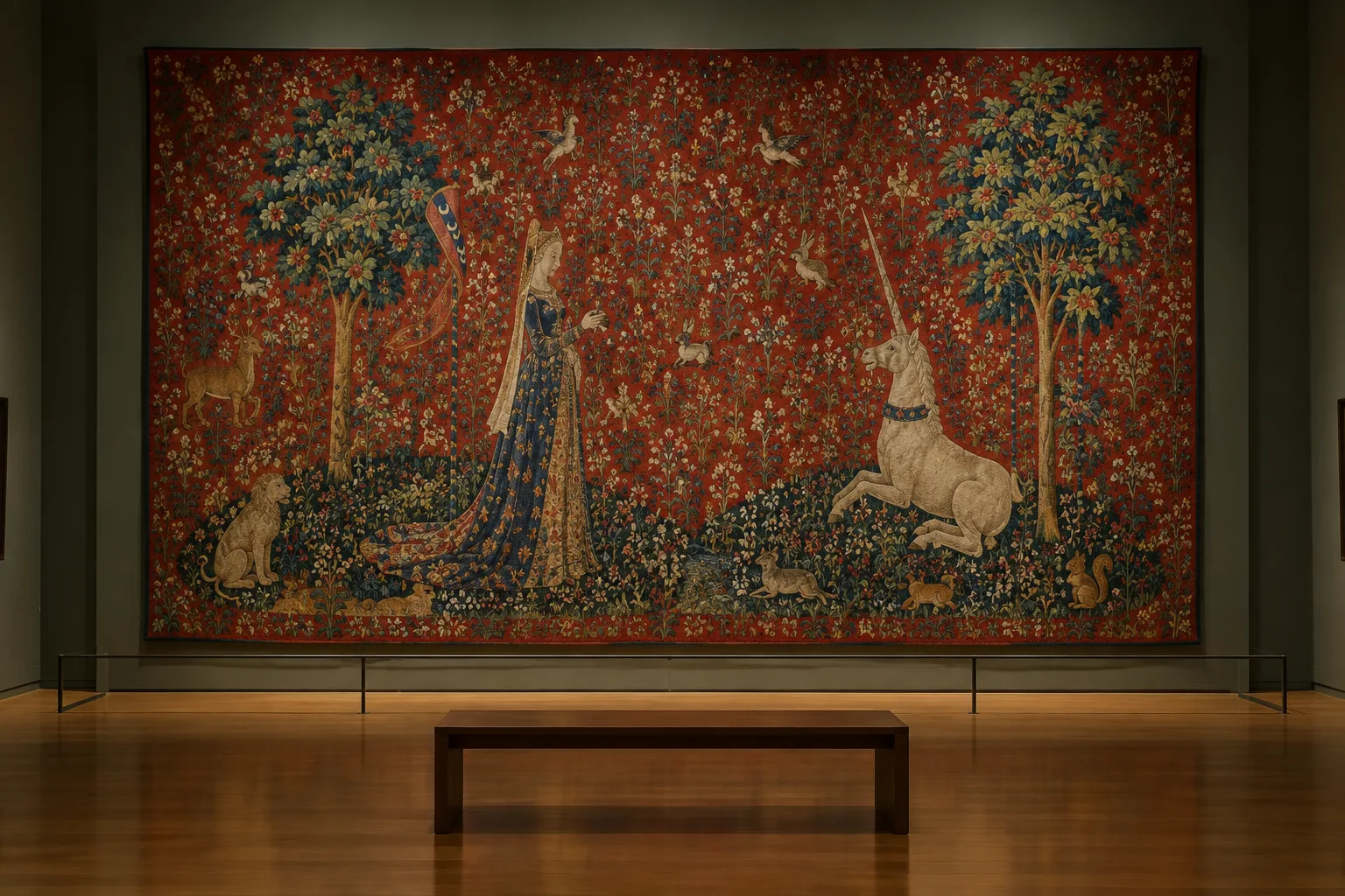 Détail d’une tapisserie médiévale où une dame et une licorne se détachent sur un fond rouge fleuri.