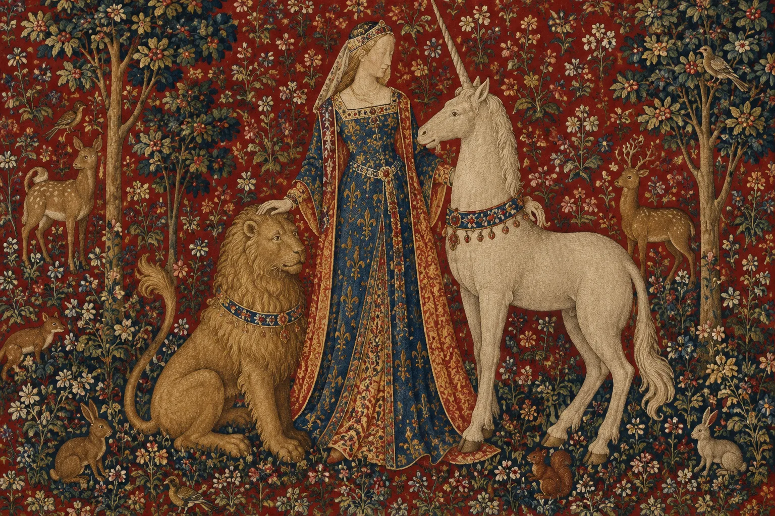 Tapisserie médiévale montrant une dame près d’une licorne et d’un lion parmi des fleurs.