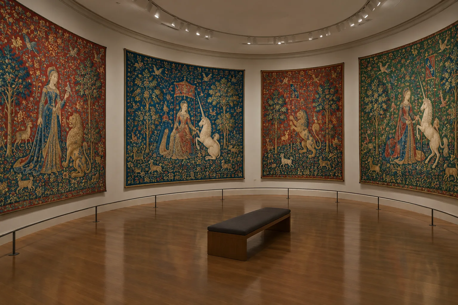 Tapisseries médiévales aux motifs de fleurs et d’animaux présentées dans une salle de musée aux murs courbes.