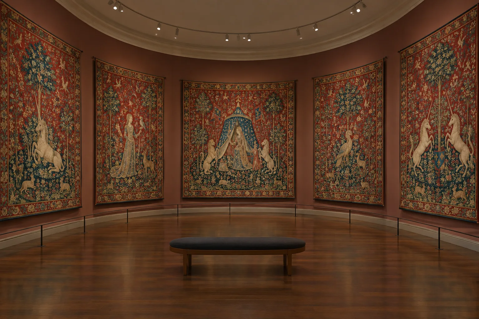 Une salle du musée de Cluny présente des tapisseries médiévales aux fonds rouges et aux motifs végétaux.