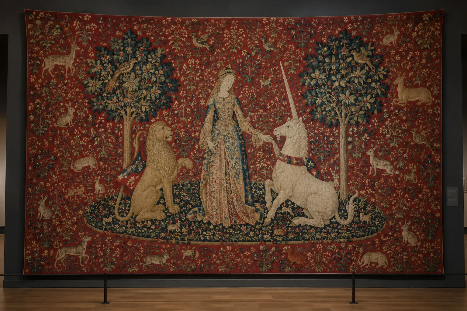 Tapisserie médiévale à fond rouge, ornée de fleurs et d’animaux autour d’une dame, d’un lion et d’une licorne.