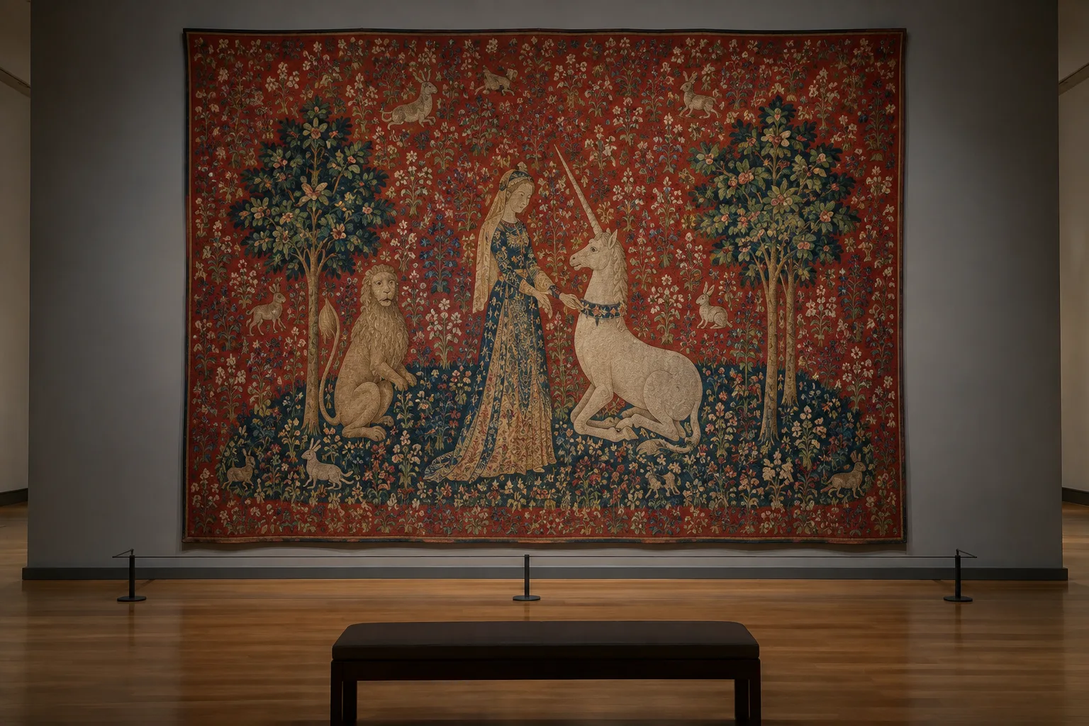 Tapisserie médiévale aux motifs de fleurs et à la scène de la dame accompagnée d’une licorne.