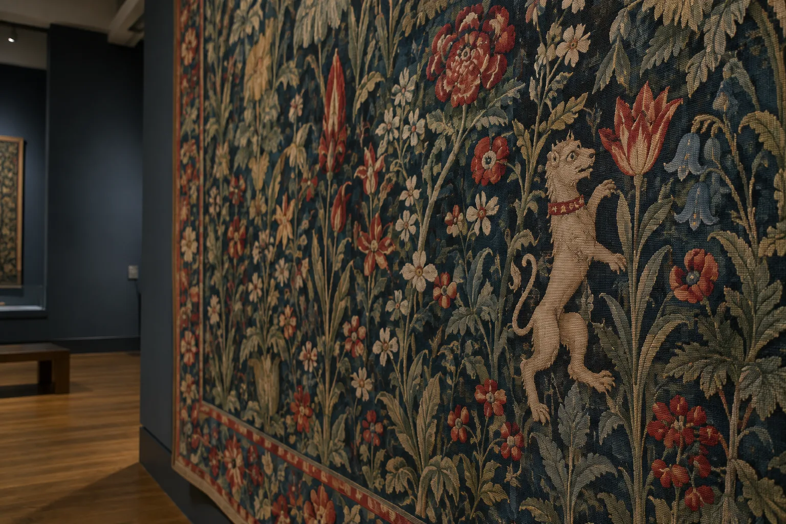Détail d’une tapisserie médiévale où de petits animaux se détachent sur un fond fleuri.