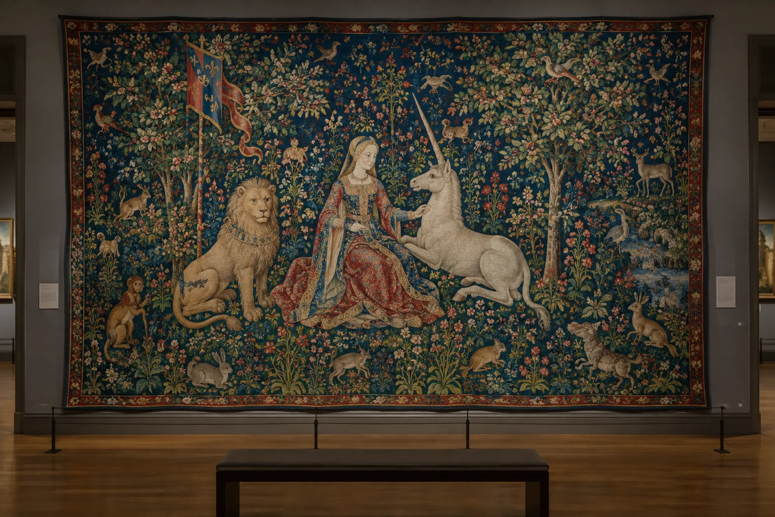 Tapisserie médiévale à fond rouge, ornée de fleurs, d’animaux et de figures dans un musée.