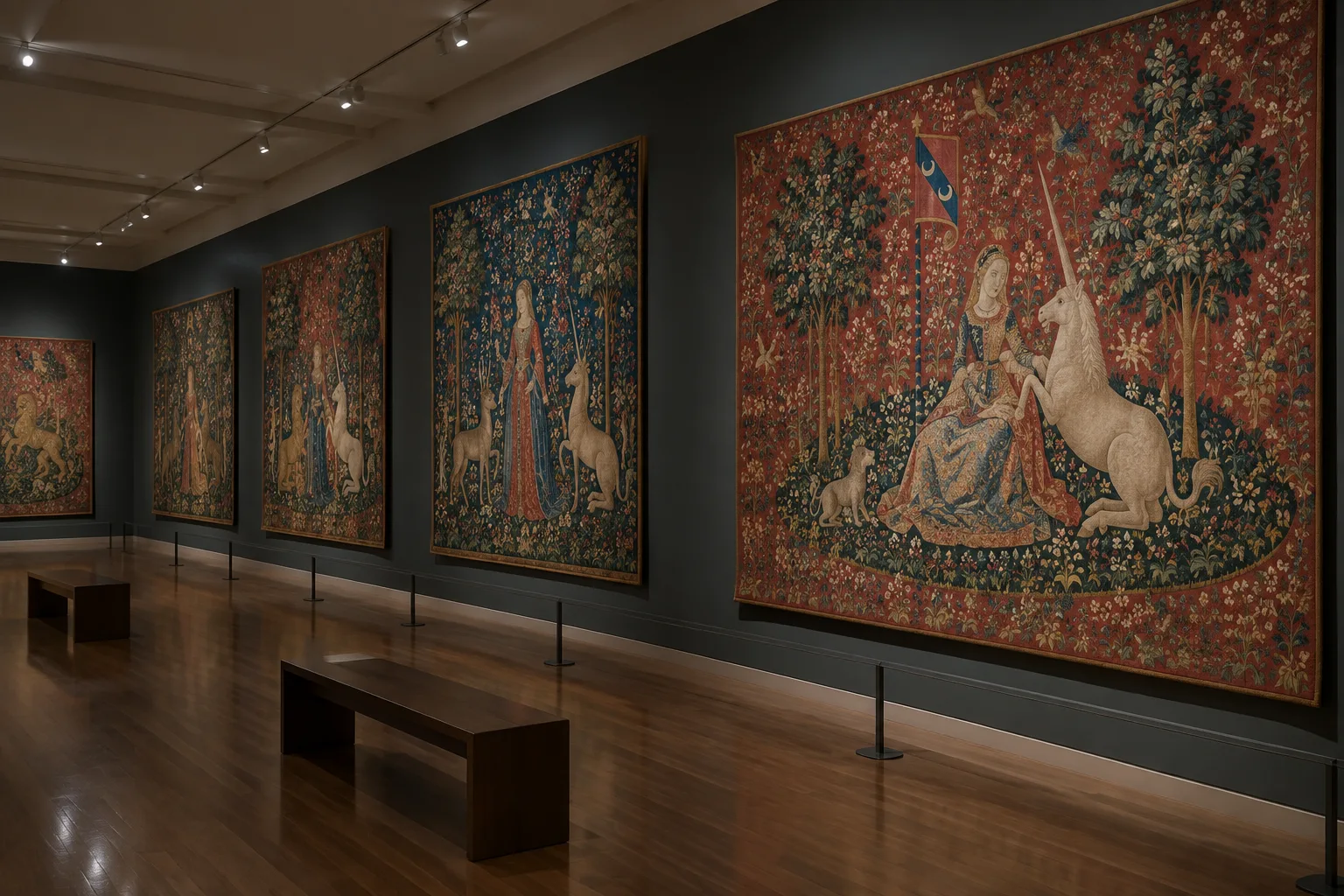 Des tapisseries médiévales sont présentées dans une salle de musée à la lumière tamisée.