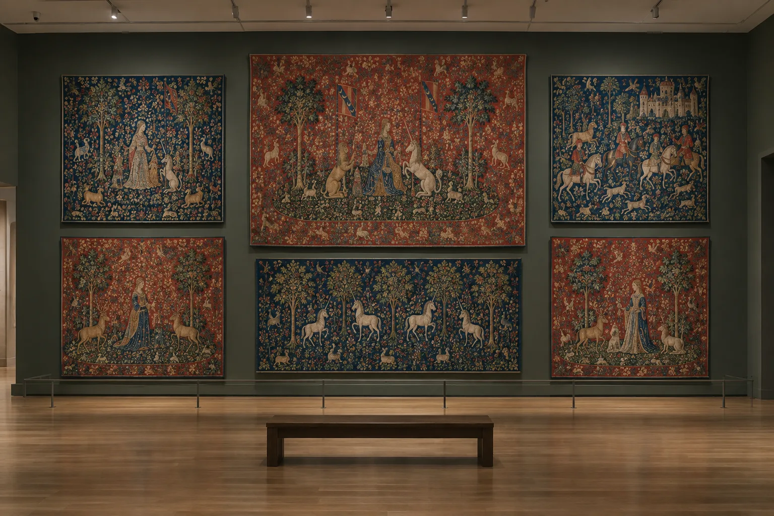 Six tapisseries médiévales présentées dans une salle de musée à l’éclairage tamisé.