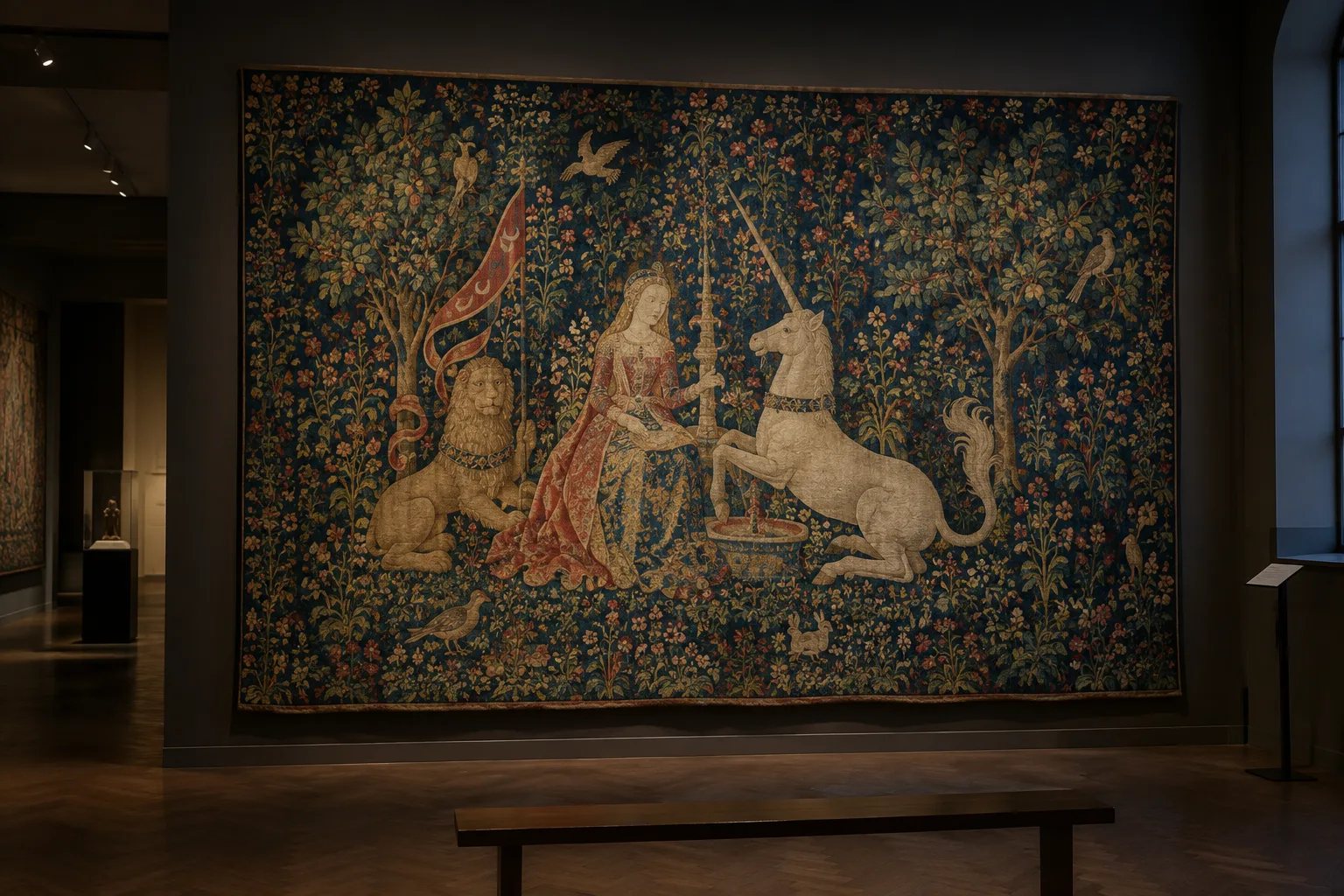 Une tapisserie médiévale aux motifs floraux exposée dans une salle de musée.