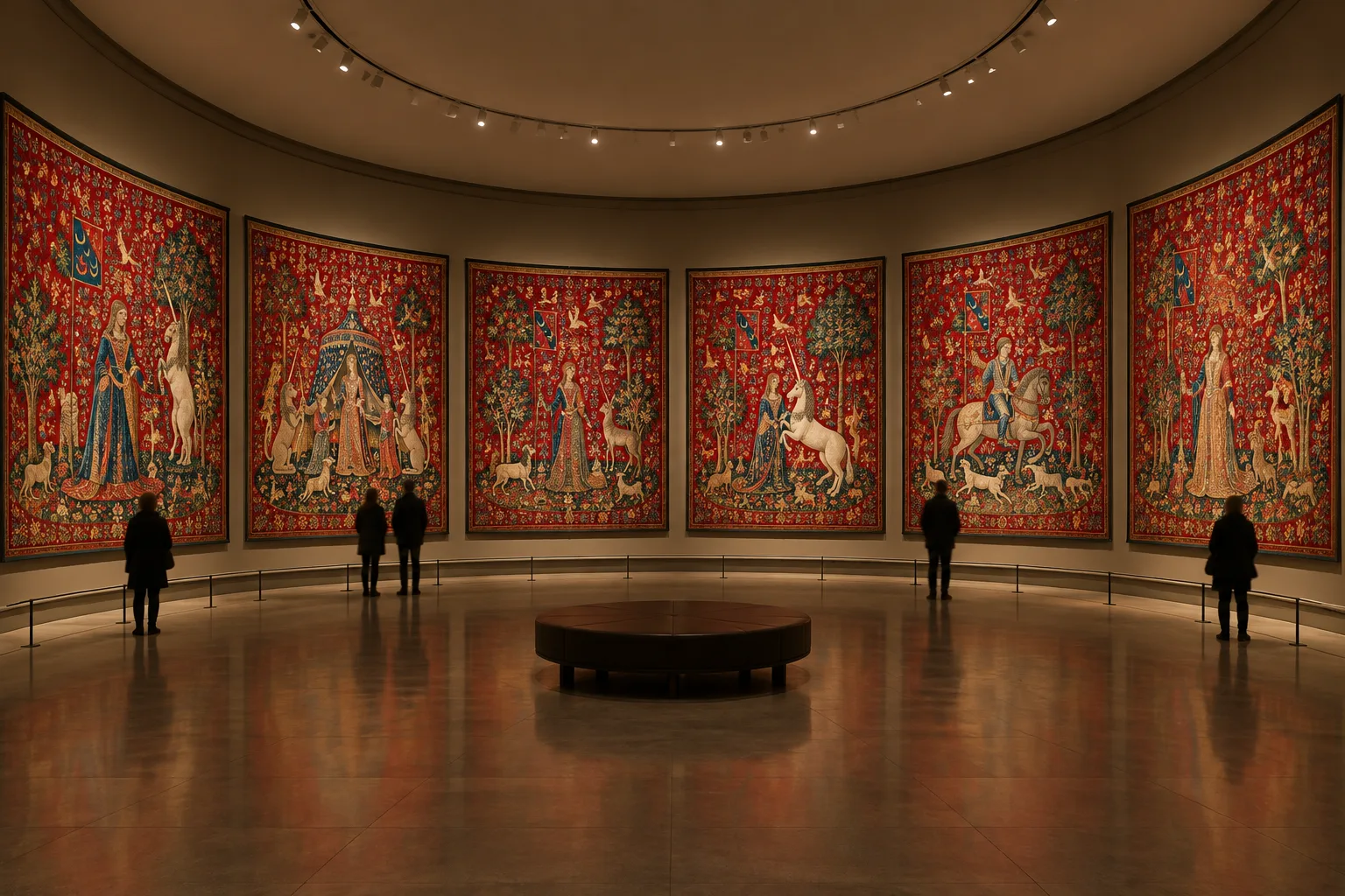 Six tapisseries médiévales sont présentées tout autour d’une salle circulaire de musée.