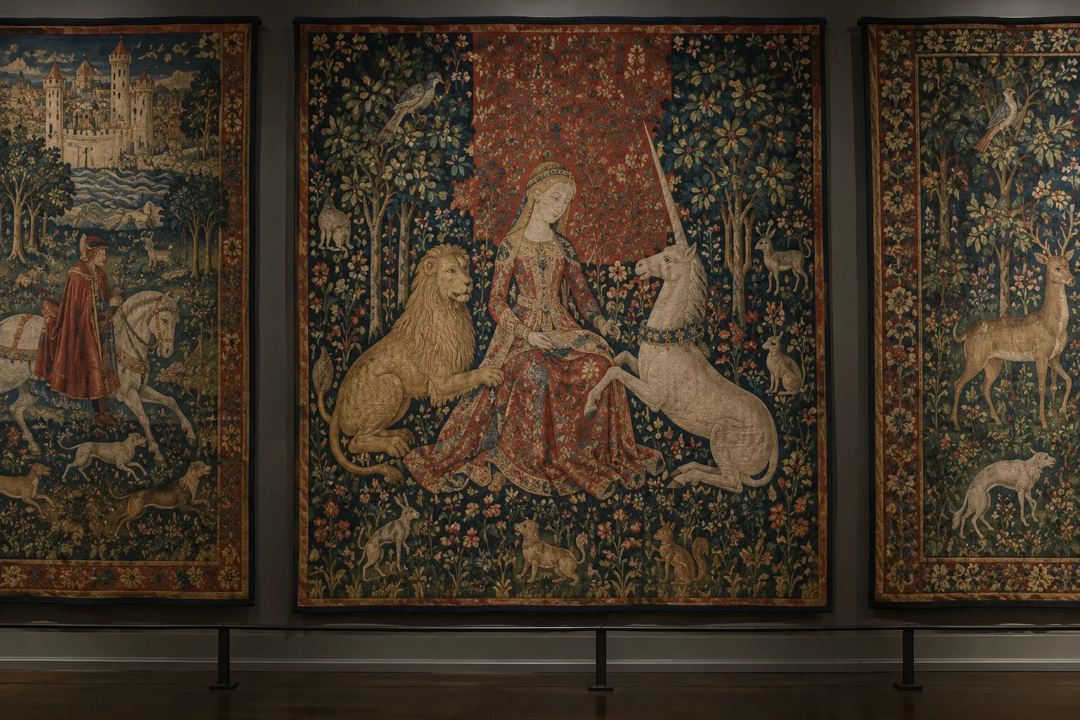 Plusieurs tapisseries médiévales présentent une dame entourée d’animaux et de motifs végétaux.