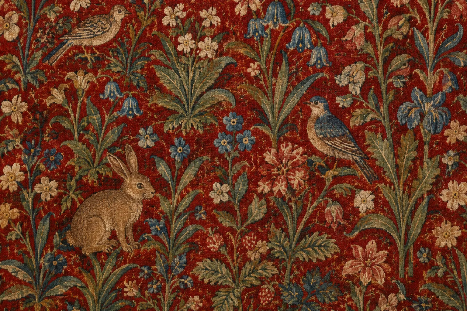 Détail d’une tapisserie au fond rouge où fleurs, lapin et oiseaux se mêlent aux feuillages.
