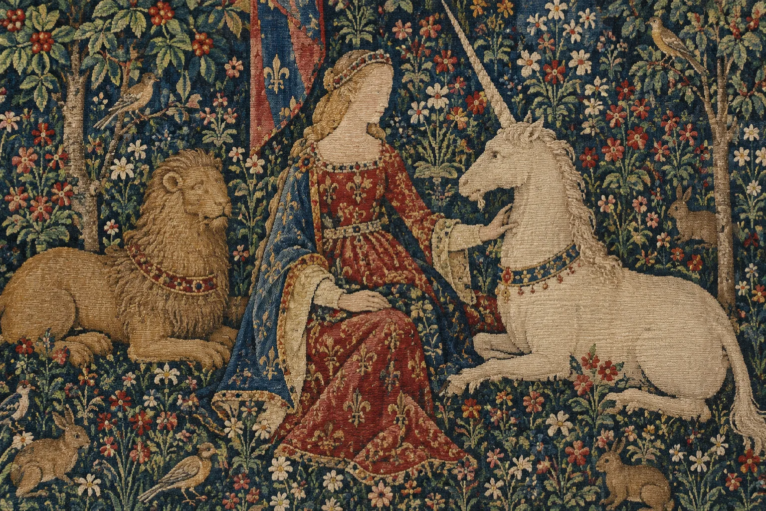 Détail d’une tapisserie médiévale montrant une dame, une licorne et un lion parmi des fleurs.