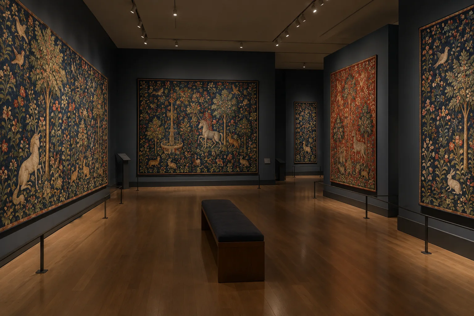 Vue d’une salle de musée où des tapisseries médiévales forment un ensemble autour des visiteurs.