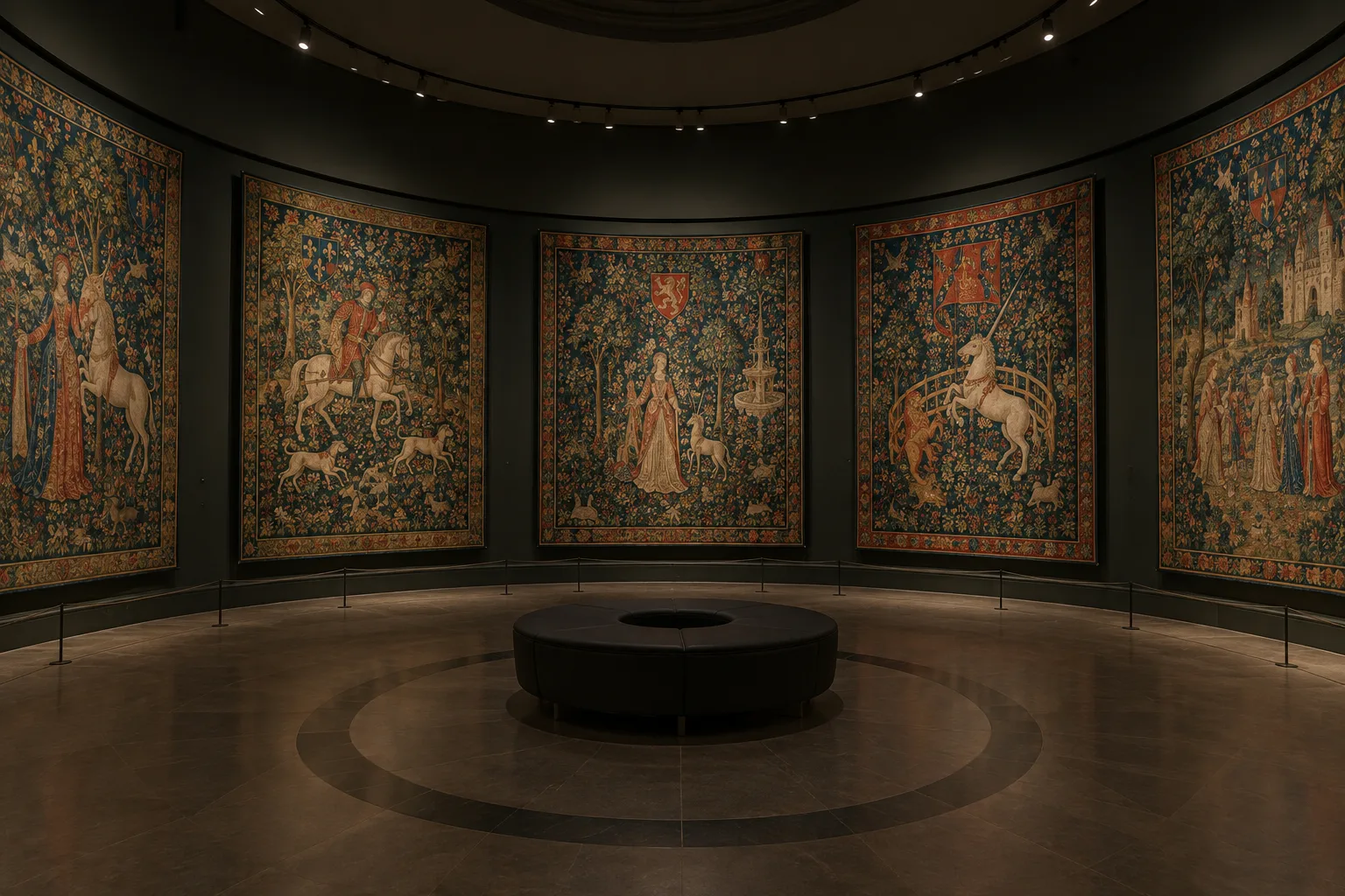 Plusieurs tapisseries médiévales disposées le long des murs courbes d’une salle de musée.