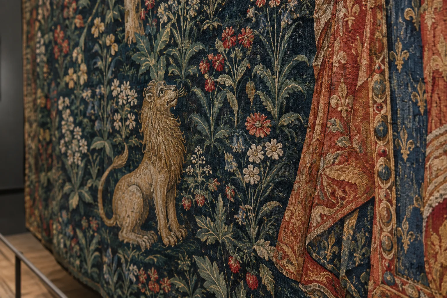 Détail d’une tapisserie médiévale où de petites fleurs entourent un animal et un vêtement richement décoré.